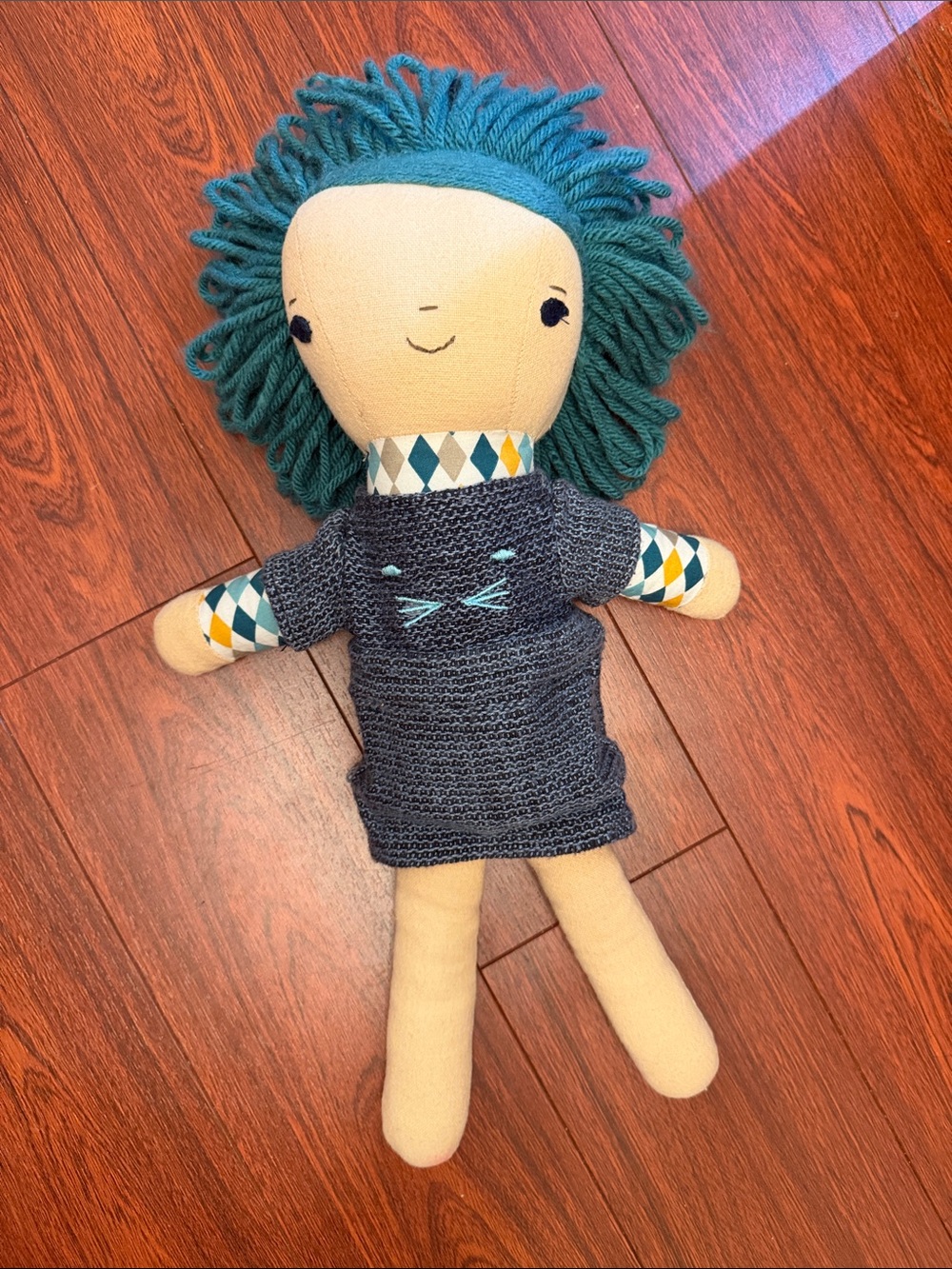 Land of Nod “Pira” Plush Knit Doll with Teal Yarn Hair - Kids Toy